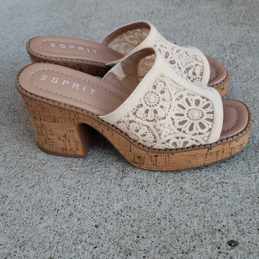 ESPRIT Pheby Floral Embroidered Platform Corks Block Heel Sandals Neutral Boho